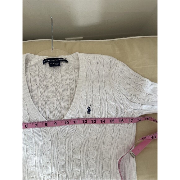 RALPH LAUREN SPORT WOMEN CABLE KNIT SWEATER V NECK COTTON White M - Picture 4 of 10